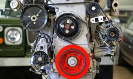 Close-up of engine belts and pulleys