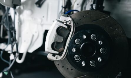 Close-up of a vehicle brake caliper and disc
