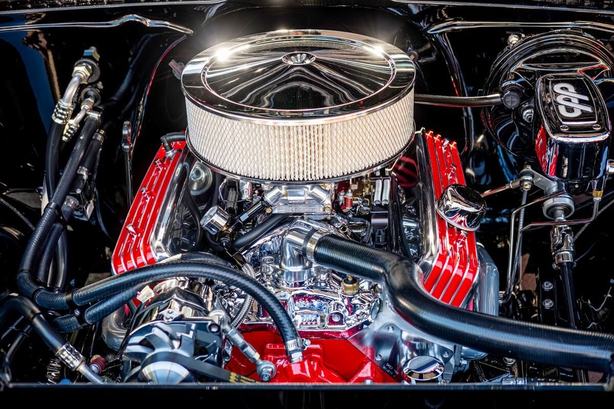 Close-up of engine components and pipes