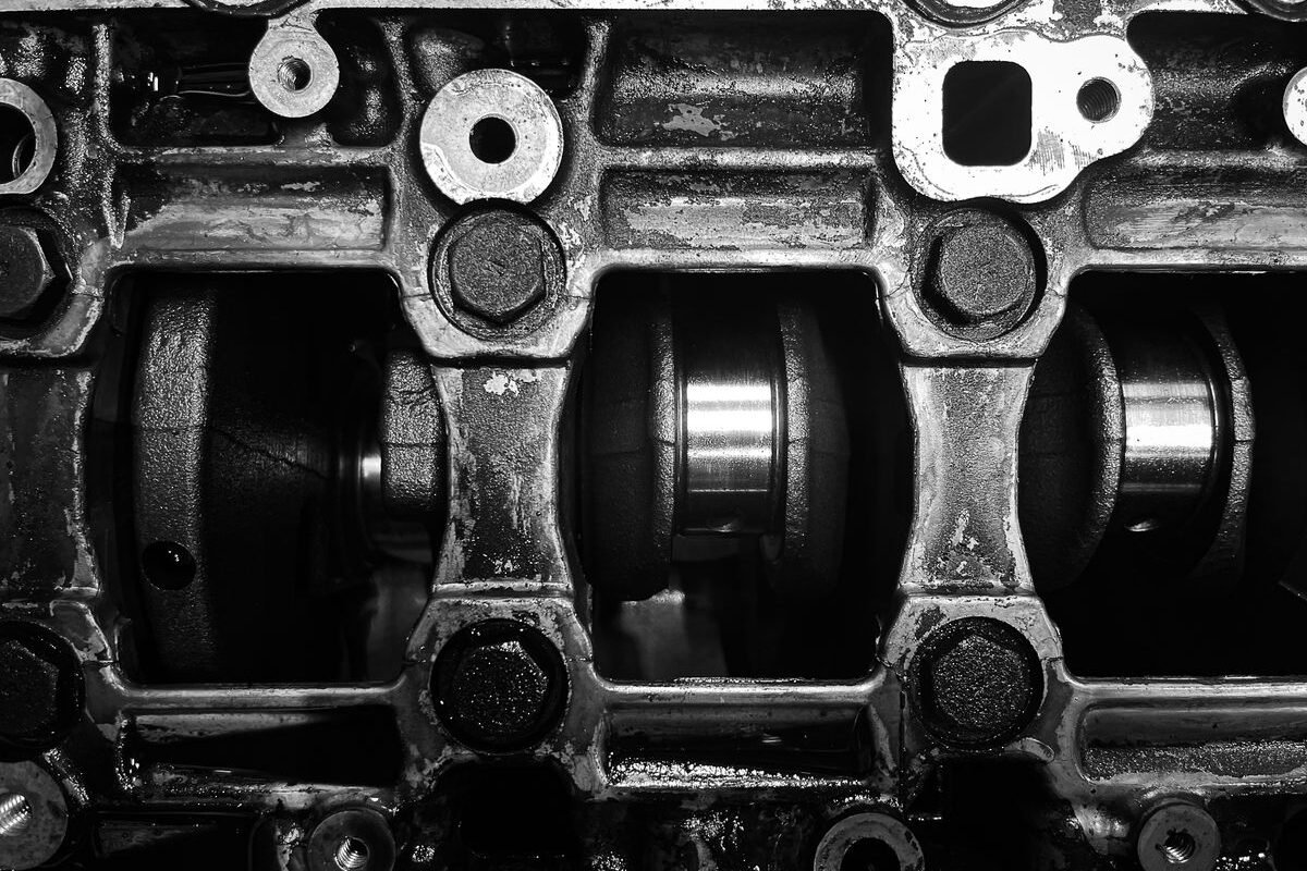 Close-up of a metal engine crankshaft mechanism