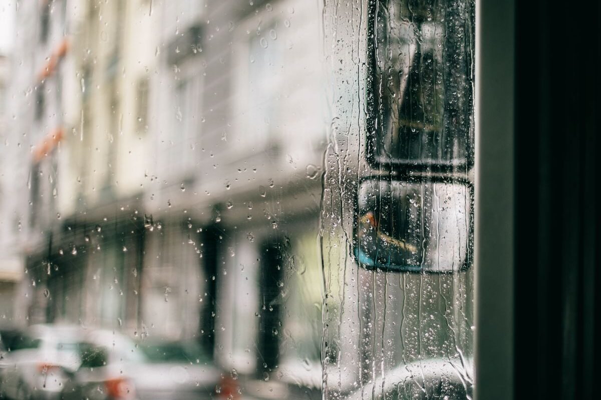 Wet windscreen of a van in rainy weather