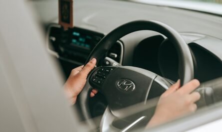 Hands holding the steering wheel inside a vehicle